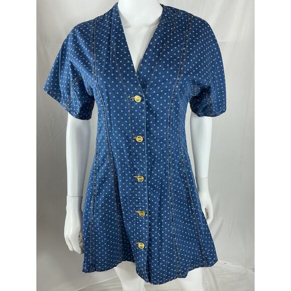 Ganni Polka-Dot Blue Cotton Denim-Jacquard Mini Dress Size 34
